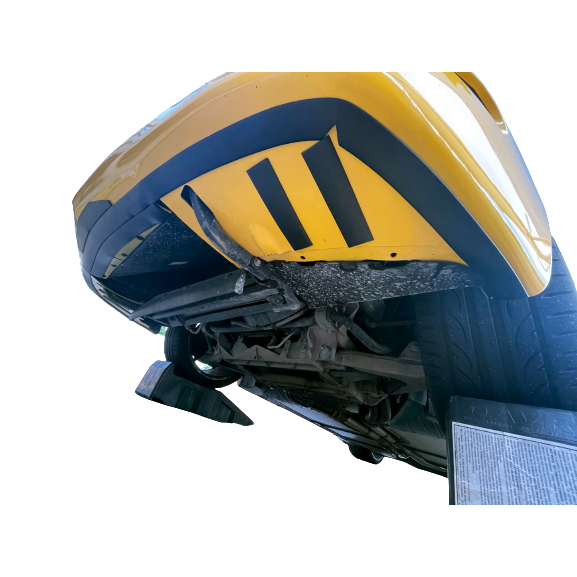 Underside of yellow Corvette showing scrape guard